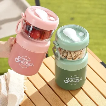 Double Layer Salad Cup Oatmeal Soup Cups with Spoon Stainless Steel Porridge Bowl Portable Office Worker Students Lunch Box 1
