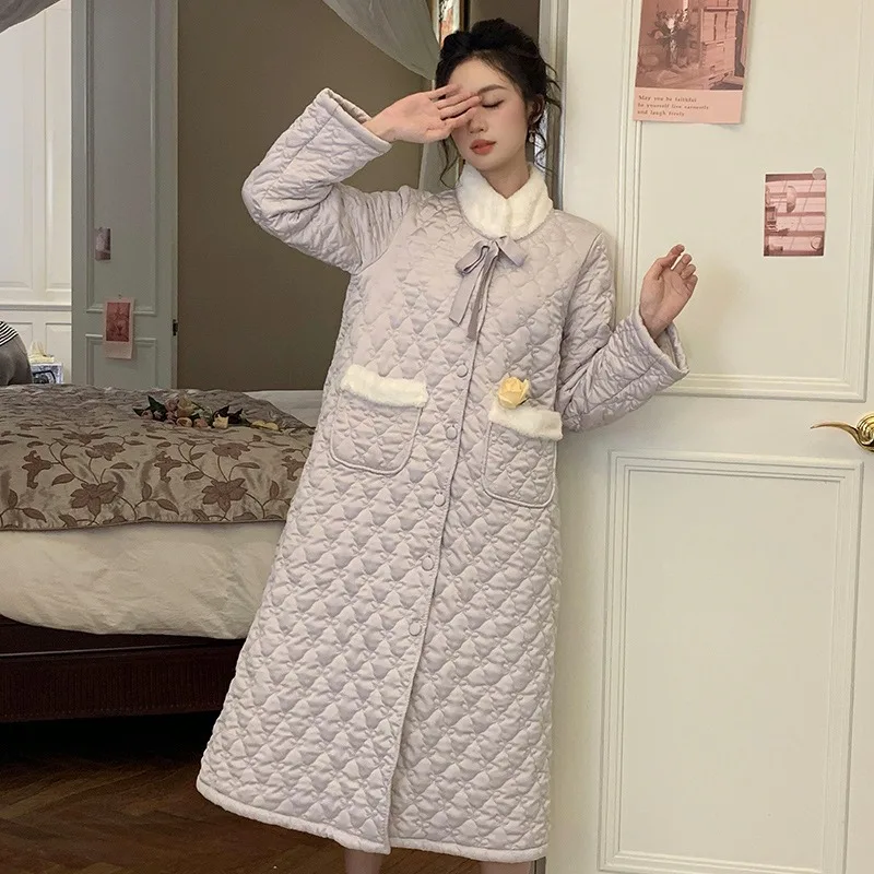 SXTHAENOO Women's Fashion Warm Nightgown Satin Loose Nightdress Long Robe Winter Thickened Stand Collar Long sleeve Nightwear