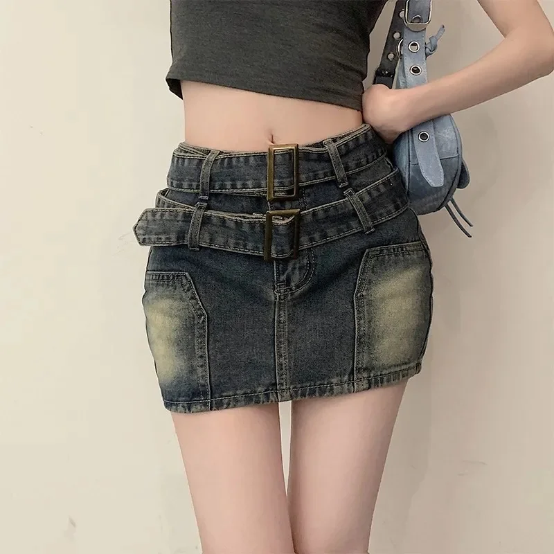 

Summer Women's Denim Skirt Large Size 5XL Jeans Skirts Sexy Retro Short Skirts Do-old Double Belt Sheath Pantskirts Have Lining