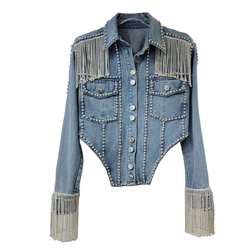 

Spring Denim Diamonds Fringed Chain Jeans Coat Female Rhinestones Tassels Rivets Bomber Jacket Cardigan Crystal Streetwear Tops