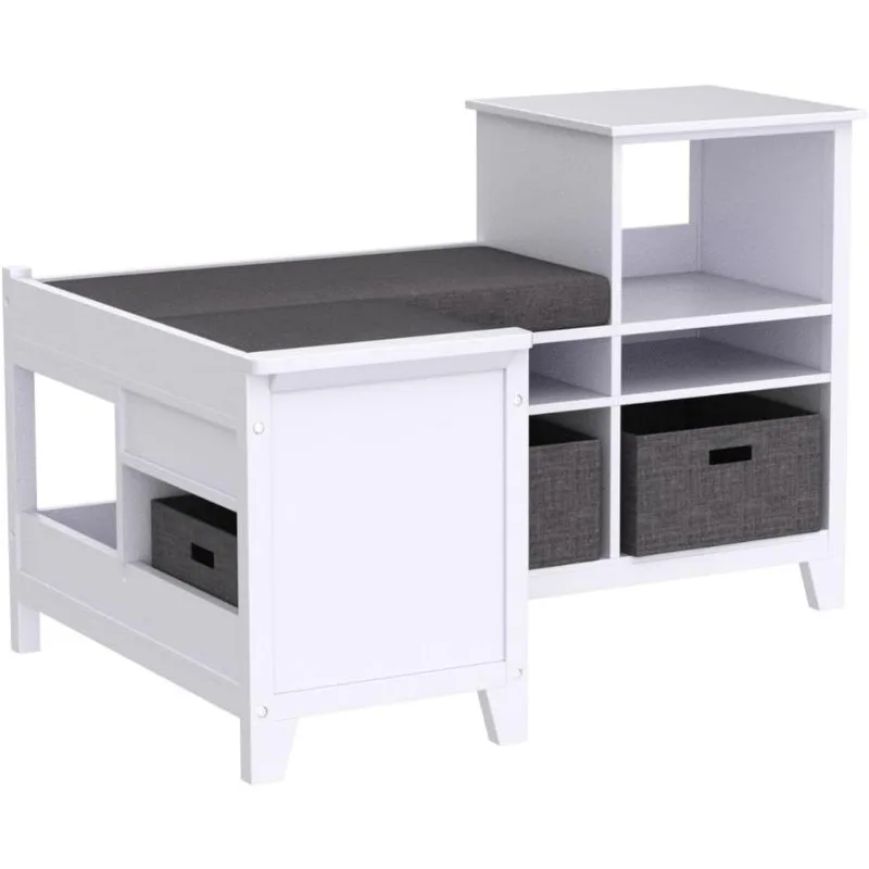 Martha Stewart Kids' Corner Nook - Creamy White: Wooden Storage Bench Bookcase Organizer with Seat Cushion and Fabric Bins 4
