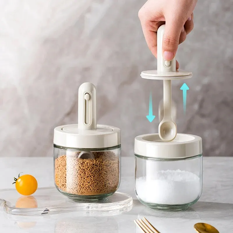 Seasoning Jar Glass With Telescopic Spoon Household Kitchen Salt Storage Leak Proof Moisture-proof