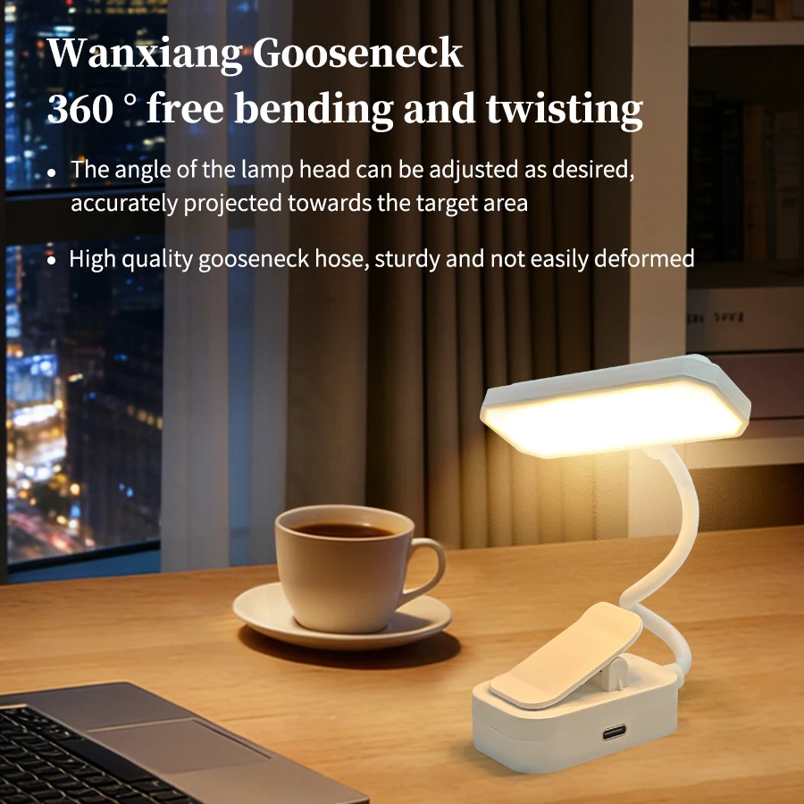 Portable Rechargeable LED Desk Lamp with Clip - Eye Protection and 3 Color Modes for Study, Reading, and Bedroom Ambiance