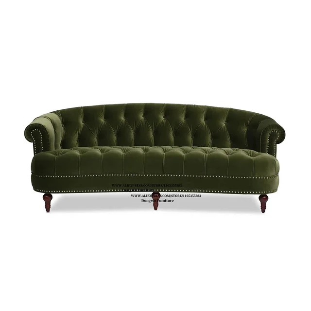 Nordic Modern Velvet Button Rivet Fabric Three Person Sofa Hotel Caf é Living Room Curved Furniture 5