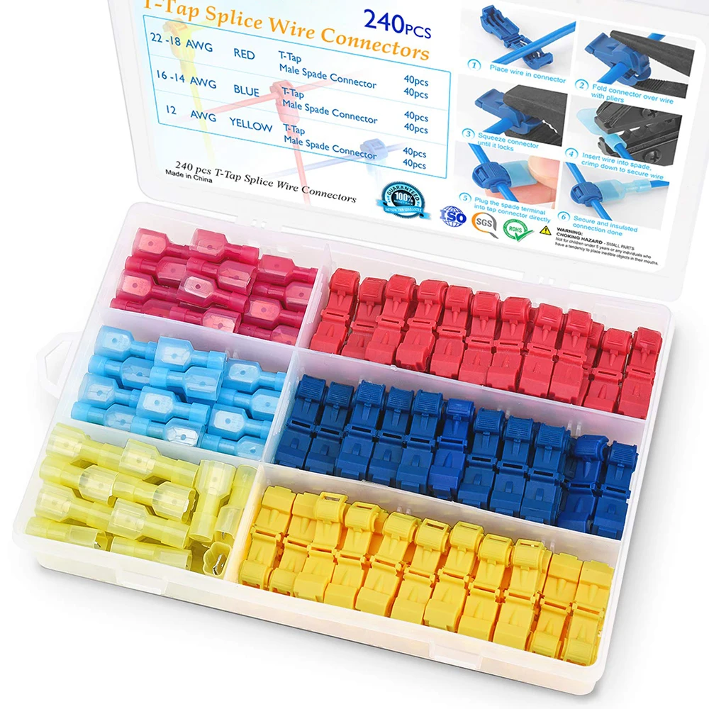 ขั้วต่อสายไฟแบบ T 120/240/360 ชิ้น, ขั้วต่อสายไฟแบบ T สำหรับเชื่อมต่อสายไฟอย่างรวดเร็ว, ขั้วต่อแบบ T สำหรับการเดินสายไฟพร้อมกล่องเก็บสายไฟ 1