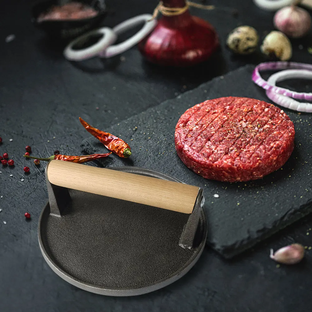 Cast Iron Burger Smasher Multifunctional Round Hamburger Press with Wood Handle Thickened for BBQ Steaks Sandwiches Meats burger press burger maker