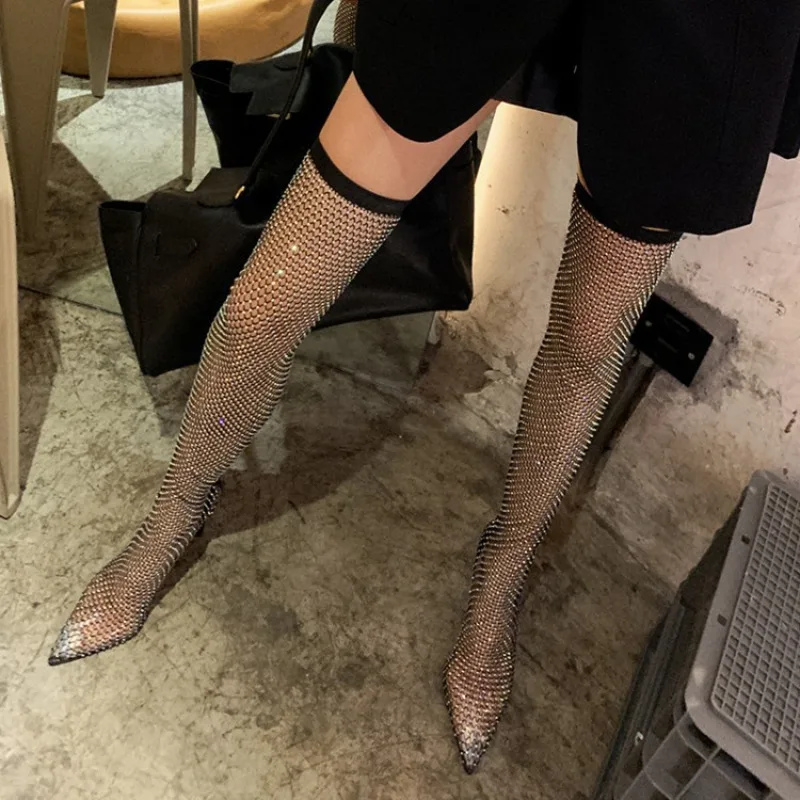 

European and American rhinestone knee length boots with hollowed out fishing net fashionable slim heel stockings boots