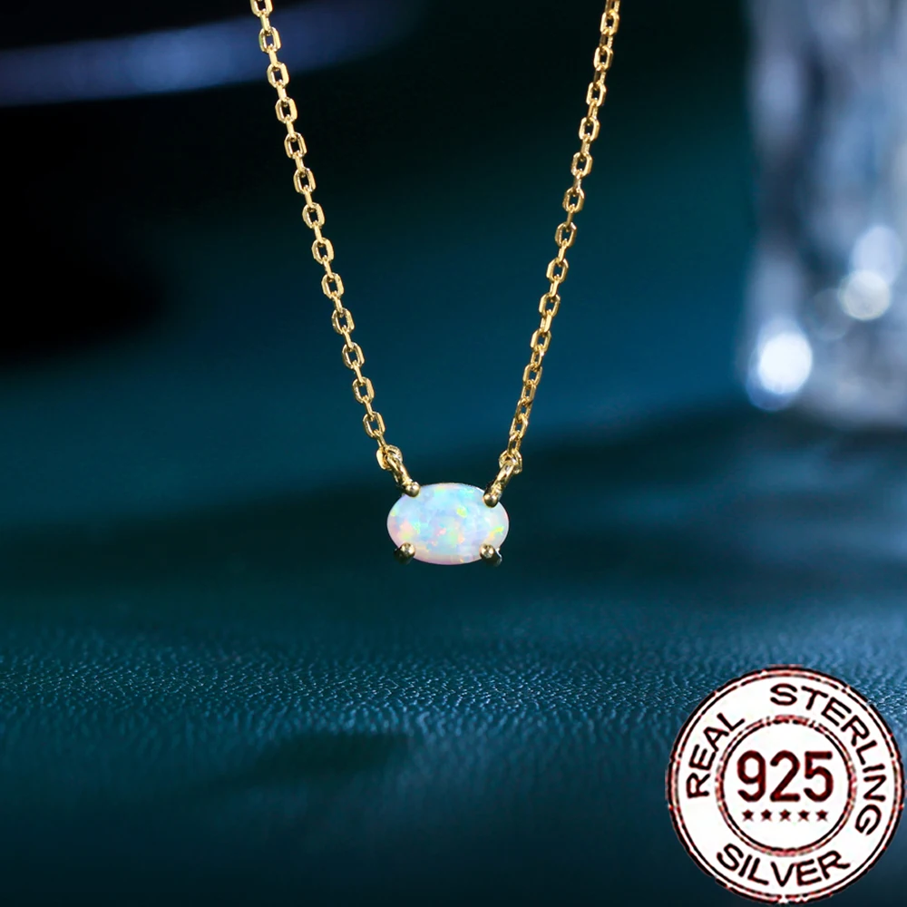 QooLady Halskette mit Anhänger aus 925er-Sterlingsilber, elegant, mystisch, oval, Opal, für Damen, feine Goldfarbe, Verlobungsfeier, Schmuck SD054 – Detail 10