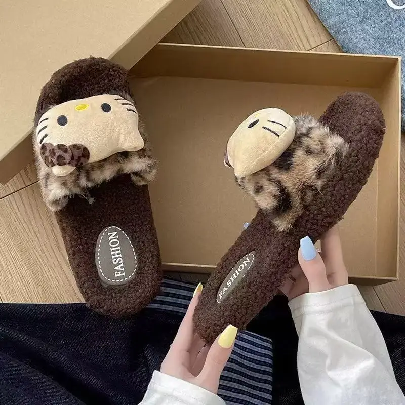 Kitty Cartoon Leopard Print Fur Slippers Kawaii Indoor Comfortable Non-Slip Slippers Cute Couple Cotton Shoes Gift
