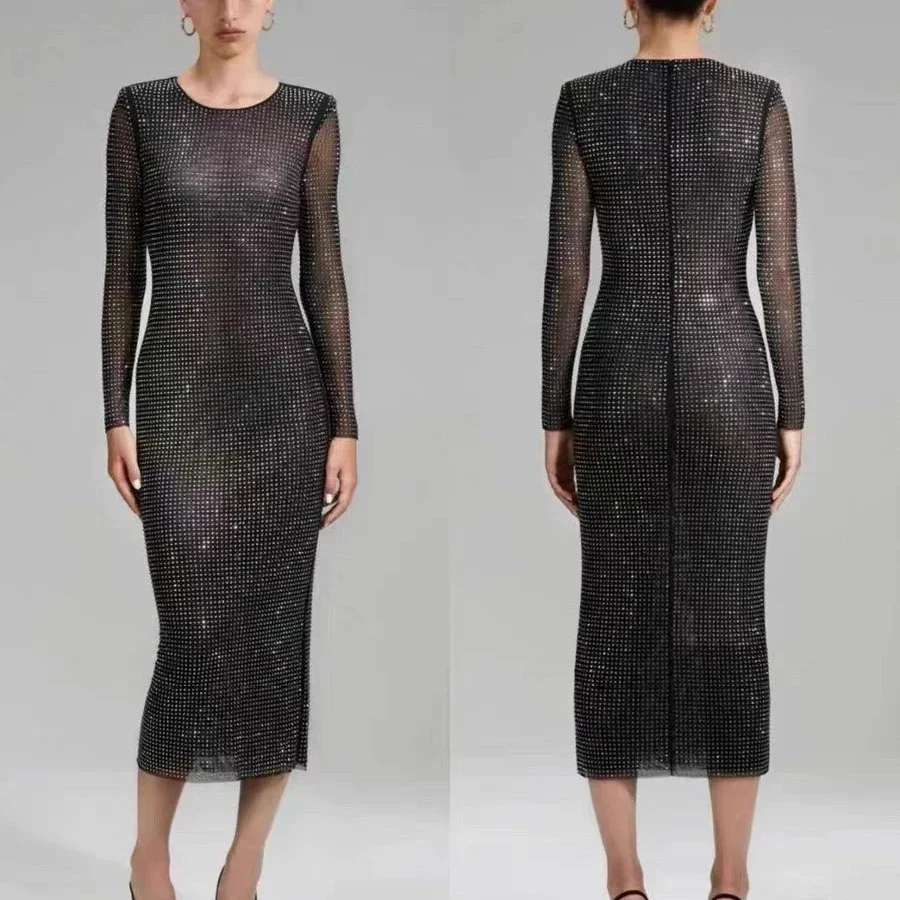 

Latest 2022 Hot Sale Top Quality Texture Black Hotfix Rhinestone Shining Bodycone Sexy Midi Dress for Women
