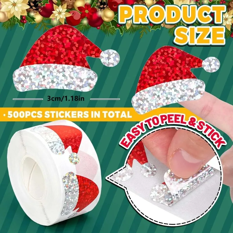 500 Christmas Hat Stickers, Roll Paper Envelopes, Magazine Decorations, Party Supplies, Creative  and  Interesting  3cm