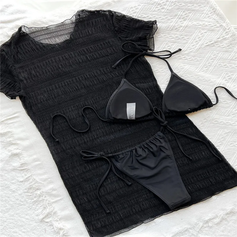 3 piece swimsuit with cover up Bathing Suit Women Beach Bikini Cover Up Lace Short  Sleeve Dresses 3Pcs Sexy Dress Sets Summer Women Clothing Beach Outfits 3 piece swimsuit with cover up
