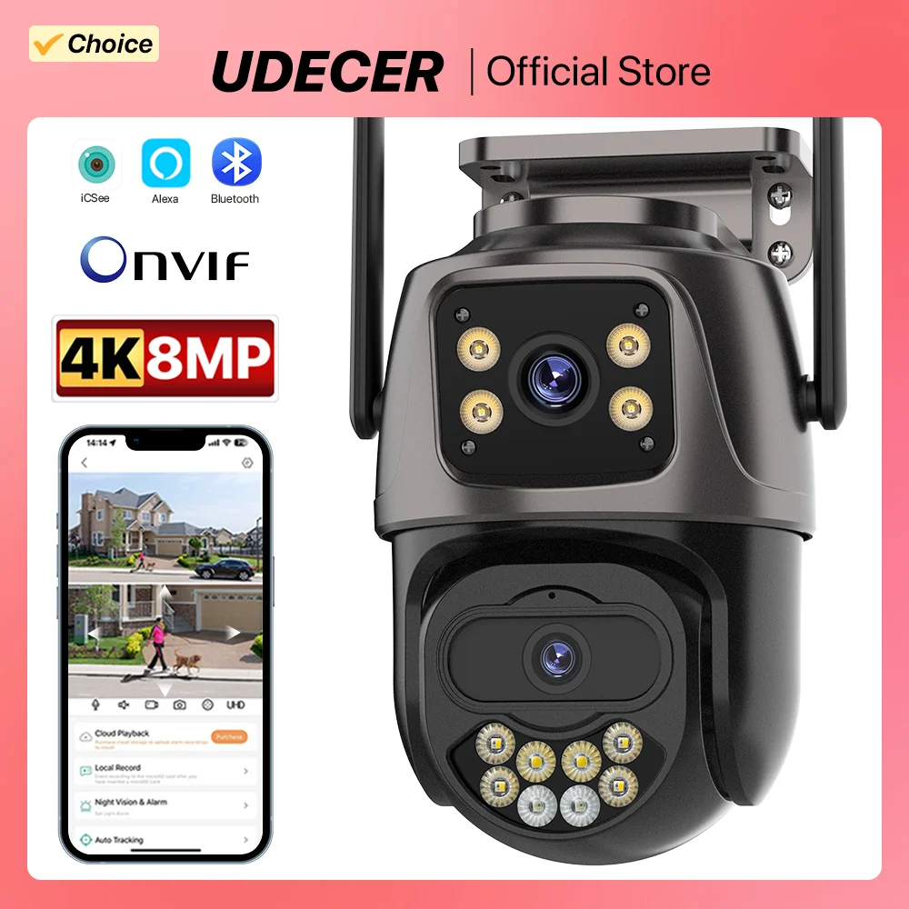 PTZ 와이파이 듀얼 렌즈 스크린 카메라, 야외 3 개 스크린, 동작 감지, 야외 IP CCTV 생존 카메라, 12MP, 6K