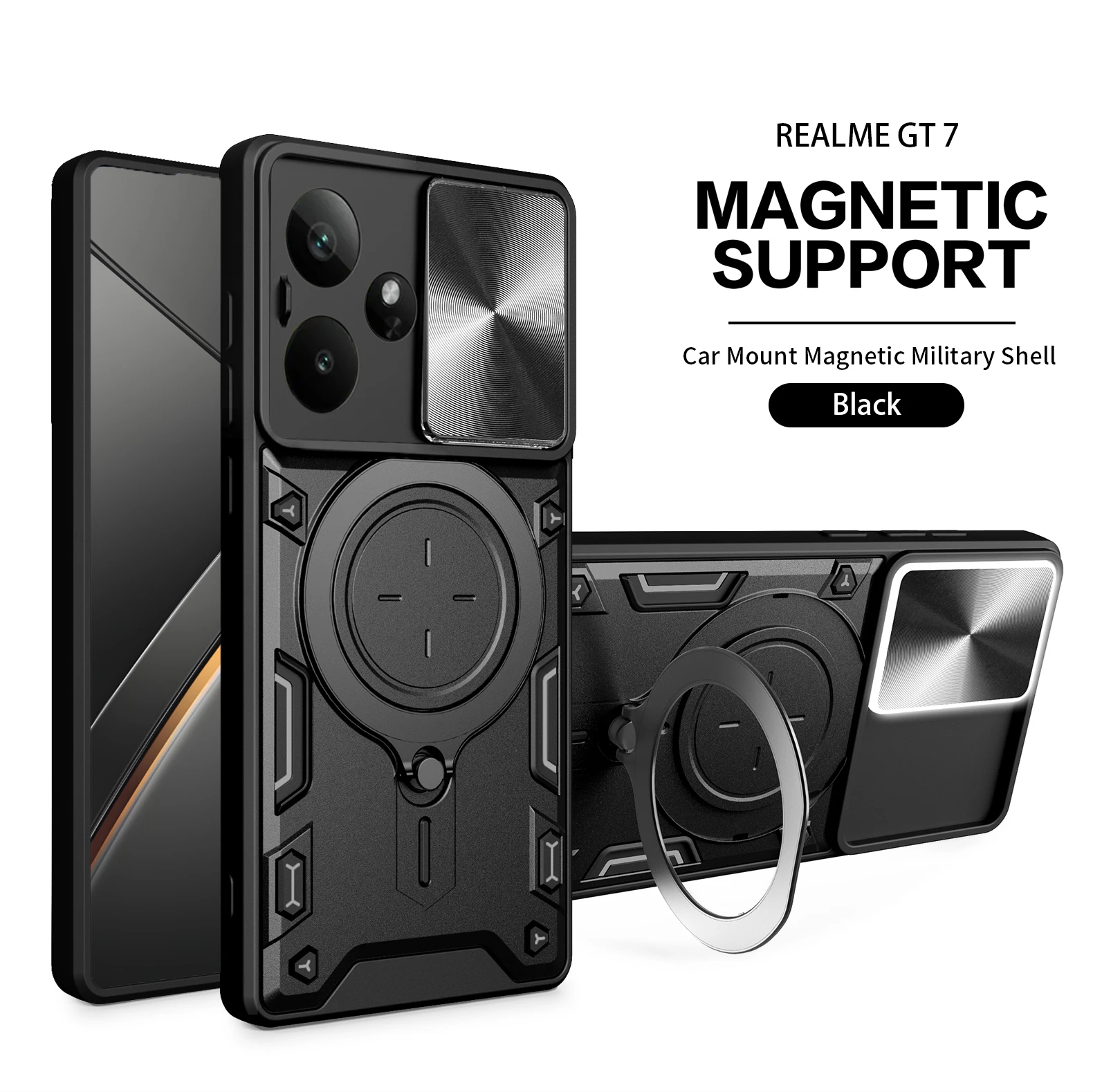 Lens Slide Cover Phone Case with Rotating Bracket and Magnetic Suction