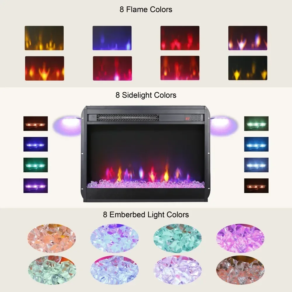 23" Electric Fireplace Insert, Fireplace Heater with Remote/Timer/Side Light, Adjustable 8 Flame Colors, Crystal, Fireplaces