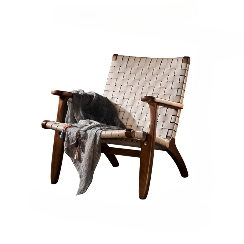 

Custom rattan Nordic leisure chair solid wood saddle leather single person sofa chair retro homestay