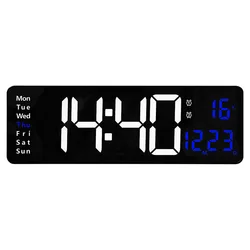Large Digital LED Wall Clock with Temperature, Date, Week Display, Remote Control, and Dual Alarm - 16 inch (Blue)