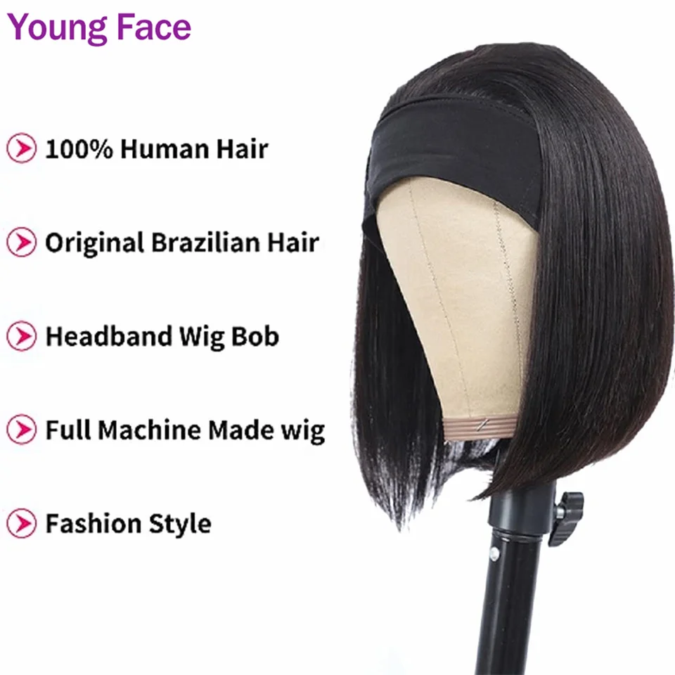 Bob Headband Wig Human Hair Straight 16 Inches Remy Human Hair Wig With Headband For Women Machine Made Short Bob