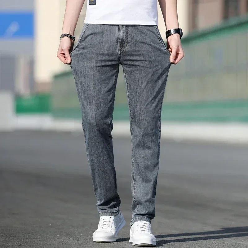 2025 Summer New Men's Loose Gray Jeans Fashion Casual Stretch Straight-leg Denim Pants Male Light Blue Men's Trousers 2