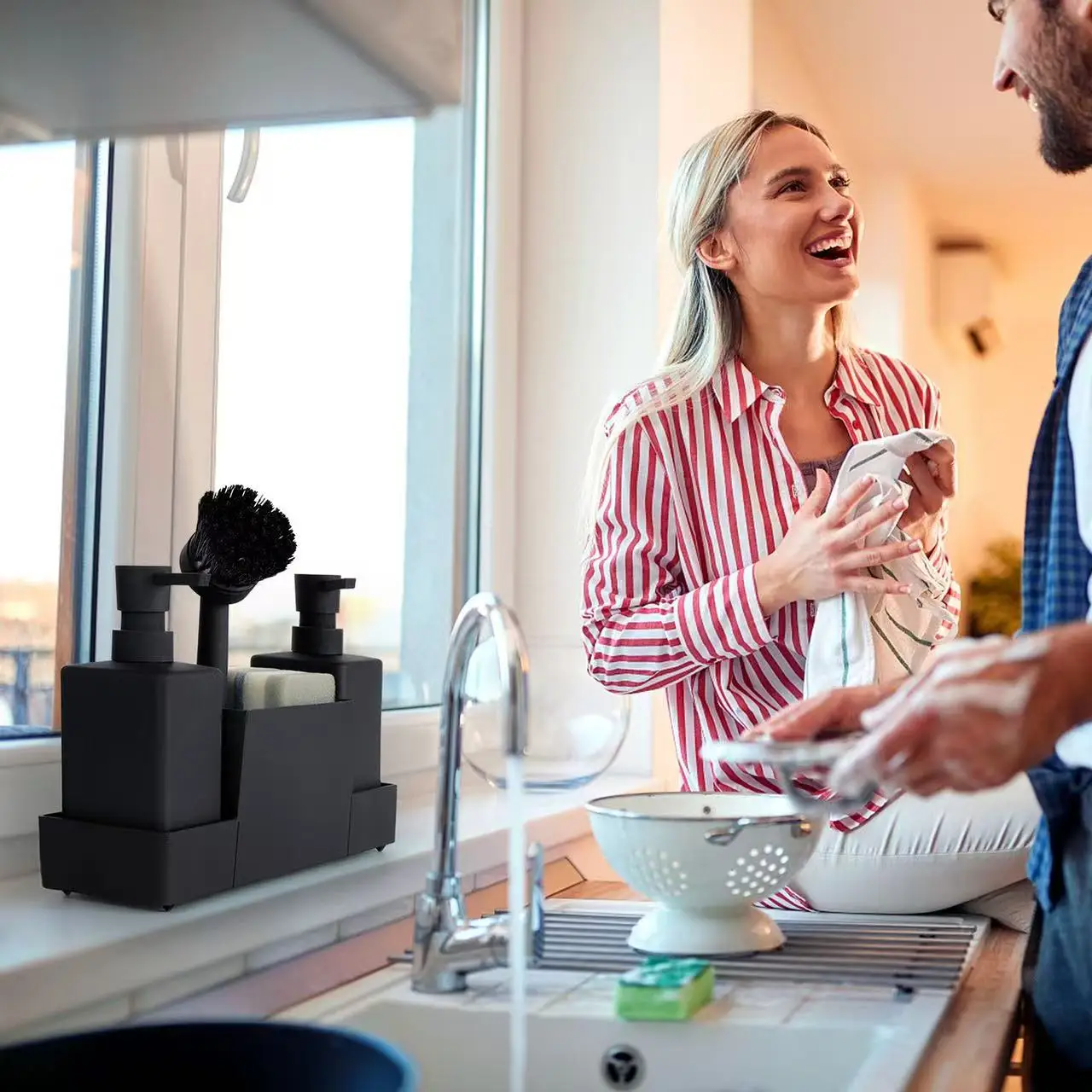 Kitchen soap dispenser with sponge holder and dishwashing brush, for hand washing and dishwashing, bottle with tray