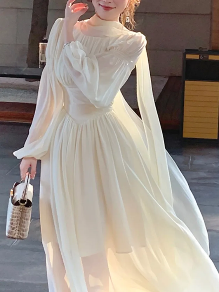 

платье женское Платье весеннее Женское шифоновое платье с оборками, элегантное облегающее платье во французском стиле с рукавами-фонариками, вечернее платье в Корейском стиле для выпускного вечера, лето