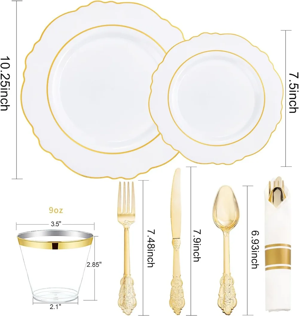 Liacere 350 PCS Plastic Disposable Plates 50guest Plastic Dinnerware Include 100Plates 50Pack Rolled Napkins with 50Cups Wedding