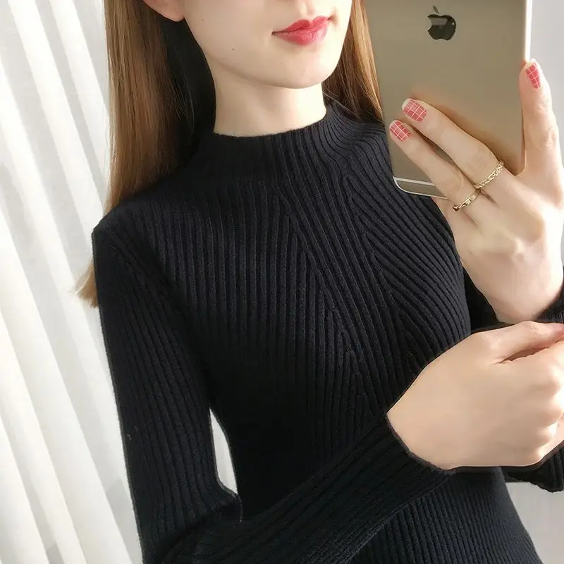 

Fashion Solid Elegant Striped Women Tops Outfits Long Sleeve Half High Collar Fall and Winter Slim Casual Clothes 2024 New YL44