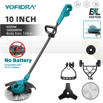 YOFIDRA 6000W 10 Inch Brushless Electric Lawn Mower Foldable Grass Trimmer Cutter Garden Power Tool For Makita 18V Battery Pin
