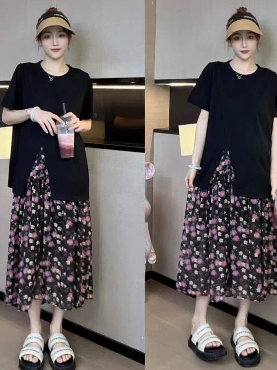 

Summer Maternity Clothes Set Side Split Short Sleeve O-Neck T-Shirt+Floral Skirts Twinset Pregnant Woman Pleated Skirts Suits