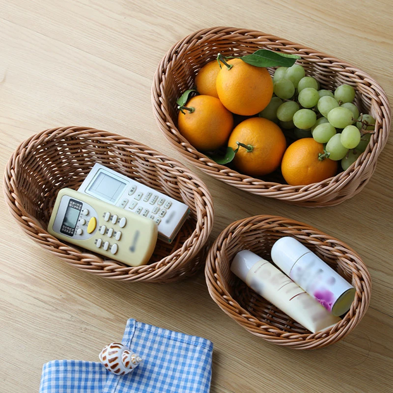 1Pcs Rattan Wicker Woven Serving Baskets for Bread Fruit Vegetable Handmade Oval Storage Basket Display Rattan Basket 2