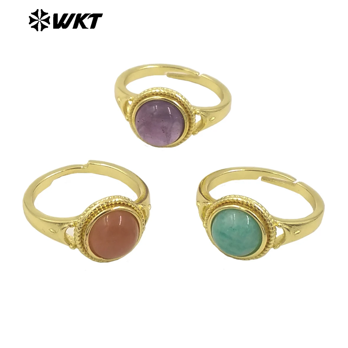 

WT-R510 Wholesale Fashion Round Gemstone Made Charming 18k Gold Plated Adjustable Size Lady Stone Ring 10PCS