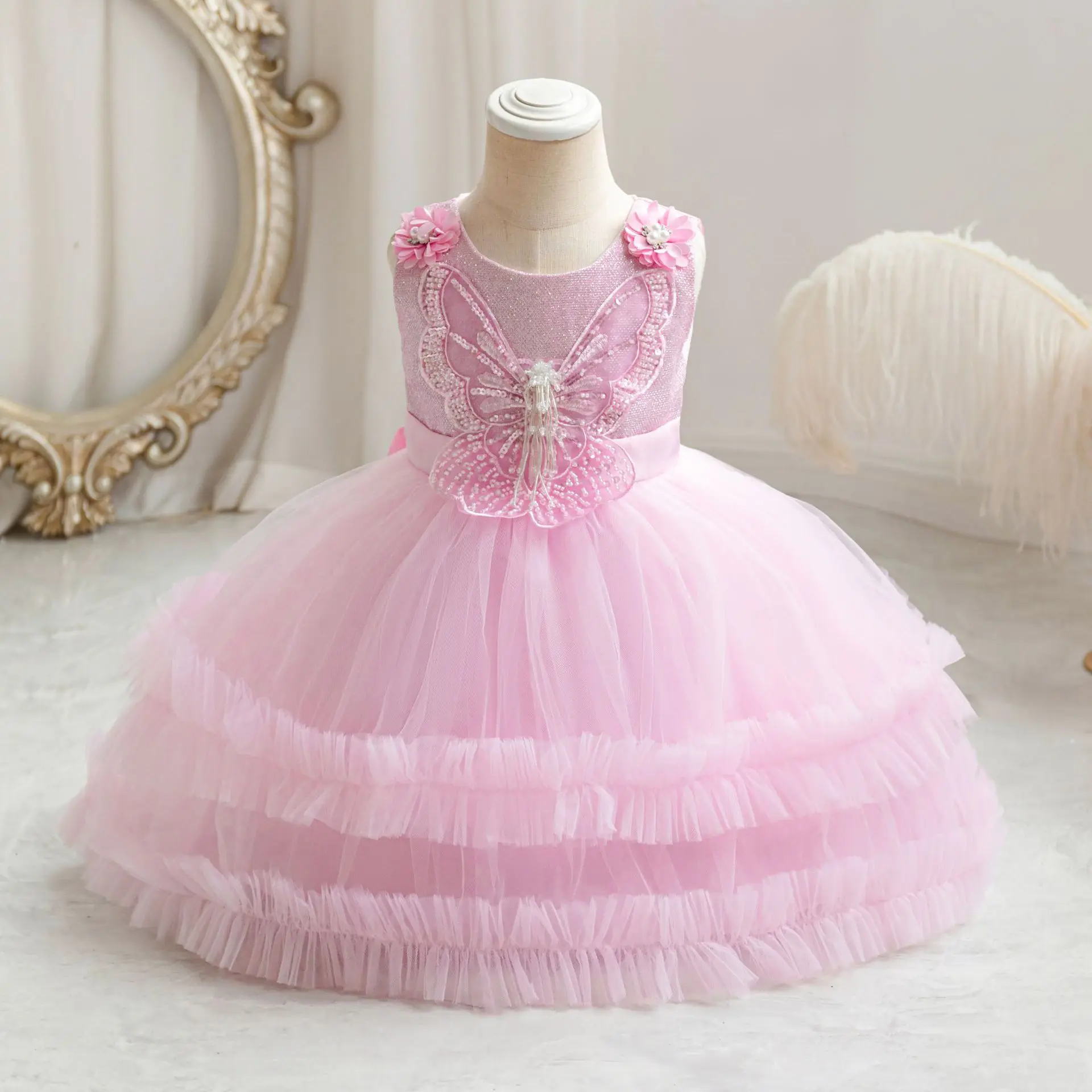 

Baby Girl Party Dress Big Butterfly Cute Toddler Birthday Wedding Mesh Red Girl Christmas New Year Dress Suitable for 0-3 Year O