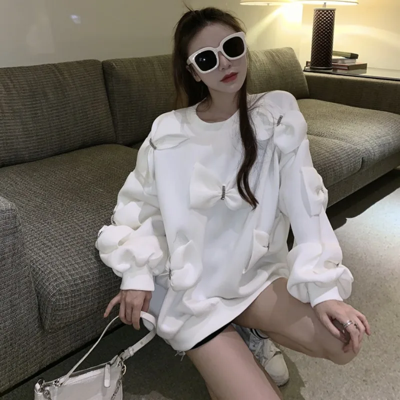 Female Long Sleeve Solid Color Korean Sweatshirt Women Sweet Rhinestone Bow Cotton Loose and Thin Fall Winter White Pullovers