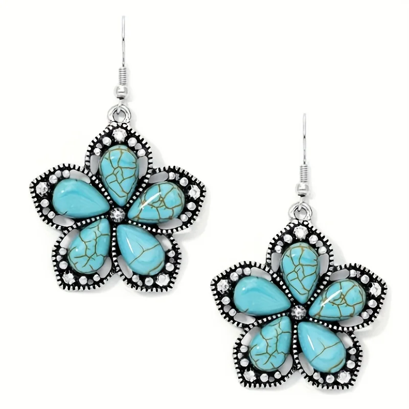 SilveryFlowerWithTeardropTurquoiseDecorDangleEarringsRetroBohoStyleZincAlloySilverPlatedJewelryDailyCasual