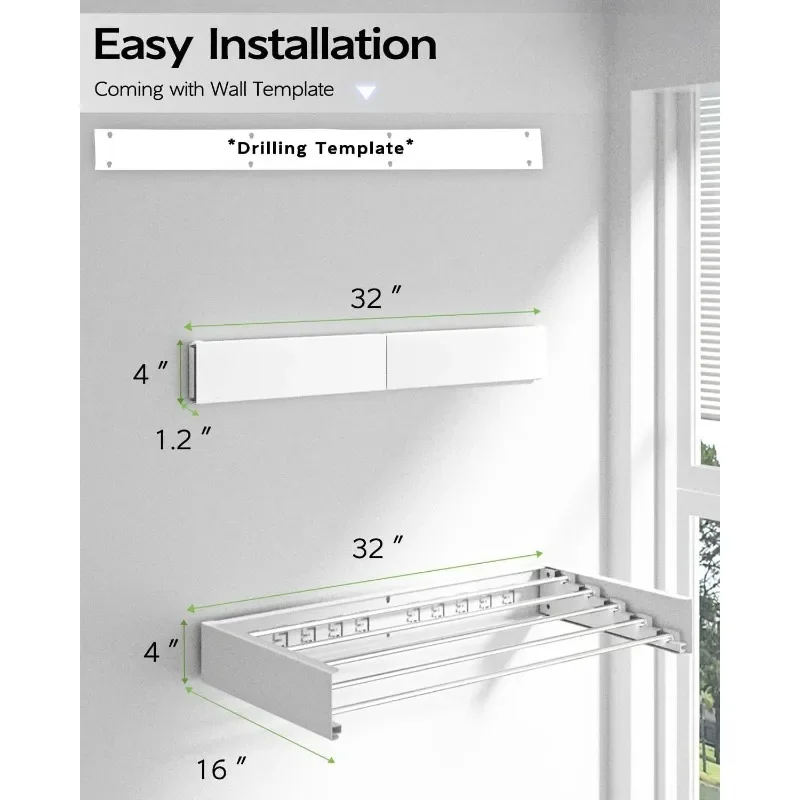 Wall Mounted Clothes Drying Rack, Foldable Wall Mount Laundry Drying Rack Folding Indoor, 5 Rods, 31.5", White 6