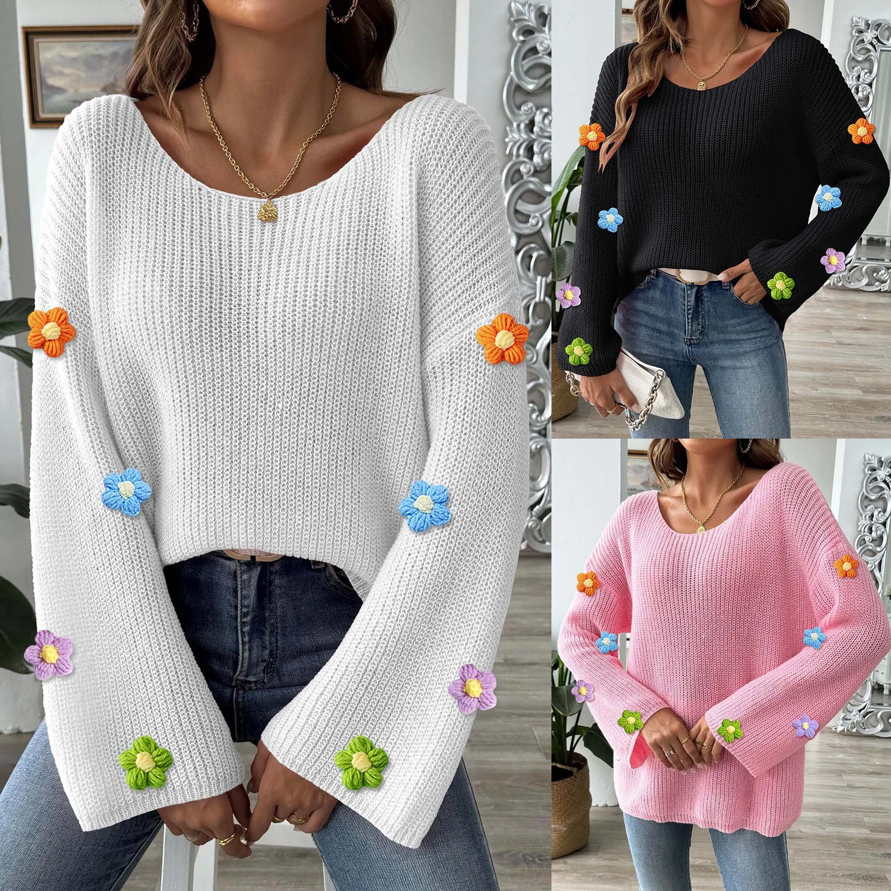 Women Autumn Winter Knitted Sweater V Neck Long Sleeve Pullover