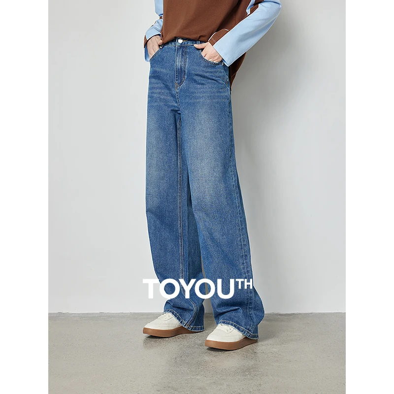 

TOYOUTH Women Jeans 2024 Spring High Waist Straight Trousers Stonewashed Pure Cotton Versatile Long Denim Pants