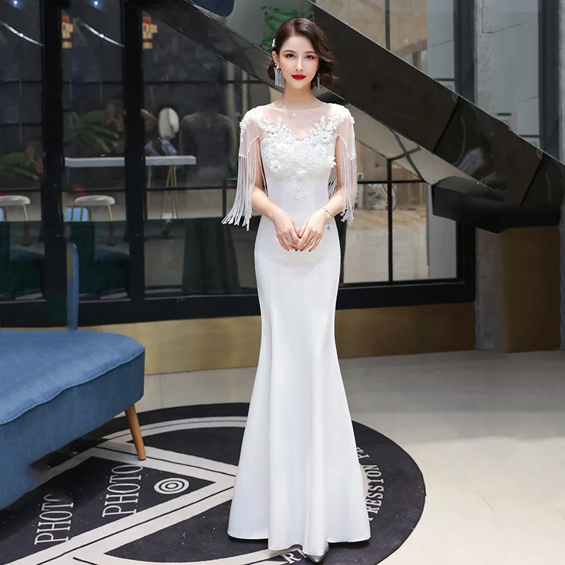 

White Evening Dress Women Temperament O-Neck Long Banquet Mermaid Gown Elegant Exquisite Appliques Tassel Cocktail Party Dresses