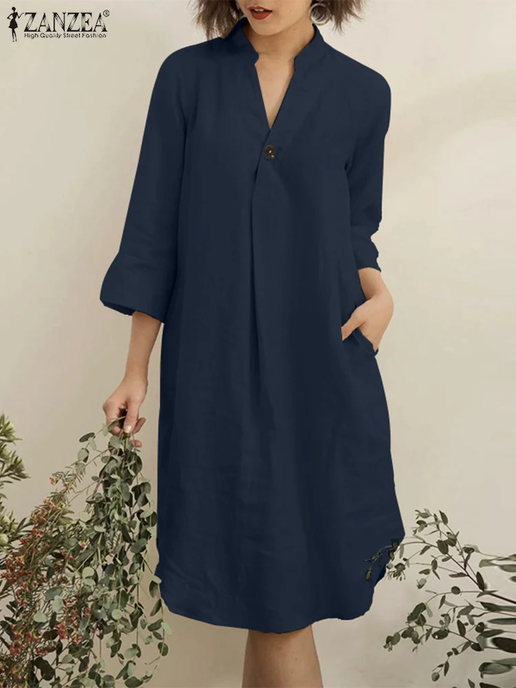 

ZANZEA Woman Elegant Party Sundress Summer Fashion Knee Length Dress 3/4 Sleeve V-Neck Vestidos Ladies Casual Solid Dresses 2023