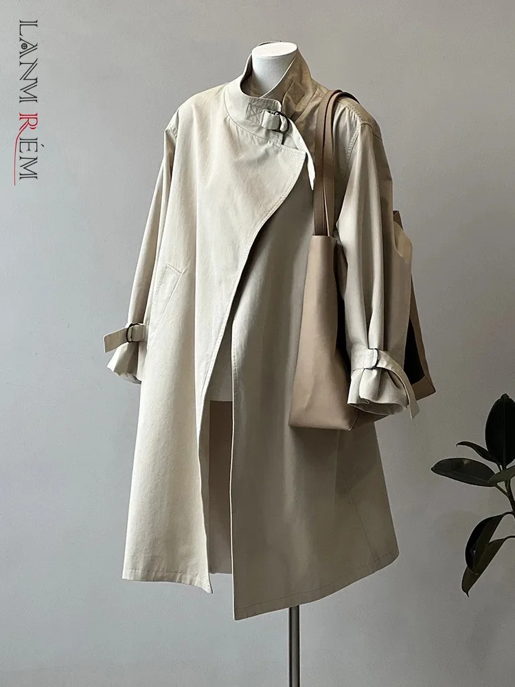 

LANMREM Office Lady Solid Color Trench Coat Women Stand Collar Loose Mid Length Windbreaker Fashion 2024 Spring New 2AA3954