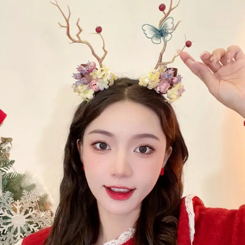 Christmas Antler Headband Fairy Flower Berry Tree Branch Cosplay Hairband Festival Party Props