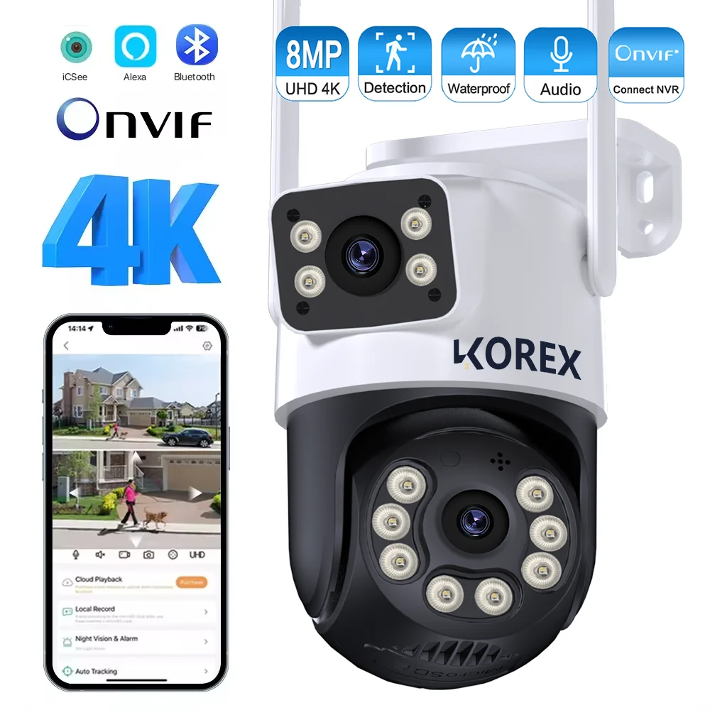 8MP 4K iCSee WiFi Camera PTZ Dual Screens Auto Tracking Night Vision CCTV Surveillance Camera Outdoor 6MP Security IP Camera 1