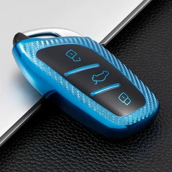 Sleek Carbon Fiber Key Cover Case with Keychain Holder (Blue Key Case)