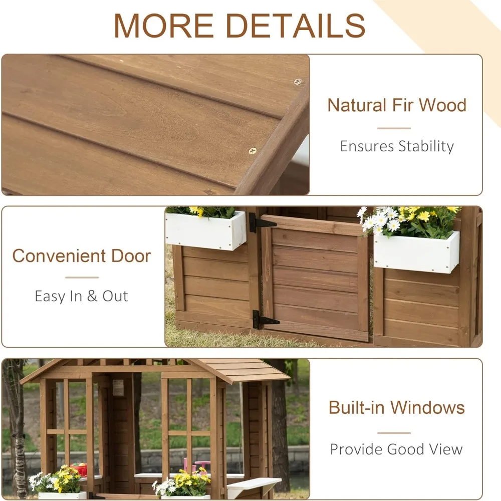 Description Picture 6 of itemKids Wooden Playhouse, Outdoor Garden Games Cottage, with Working Door, Windows, Flowers Pot Holder, 47" x 38" x 54"