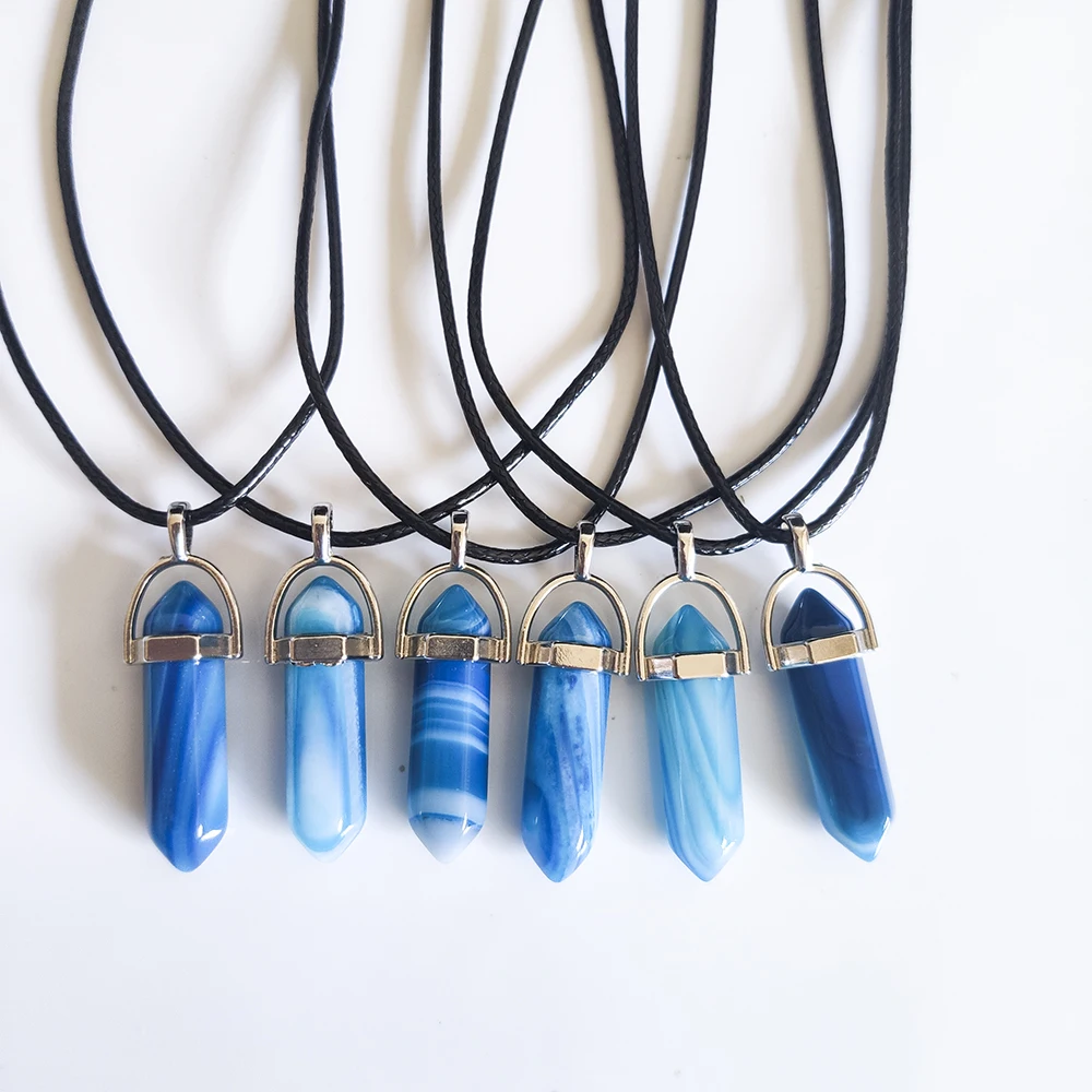 Natural Stone Stripe Agate Hexagonal Prism Shape Pendant necklaces Reiki Healing Pendulum Charms Necklace For Women Jewelry