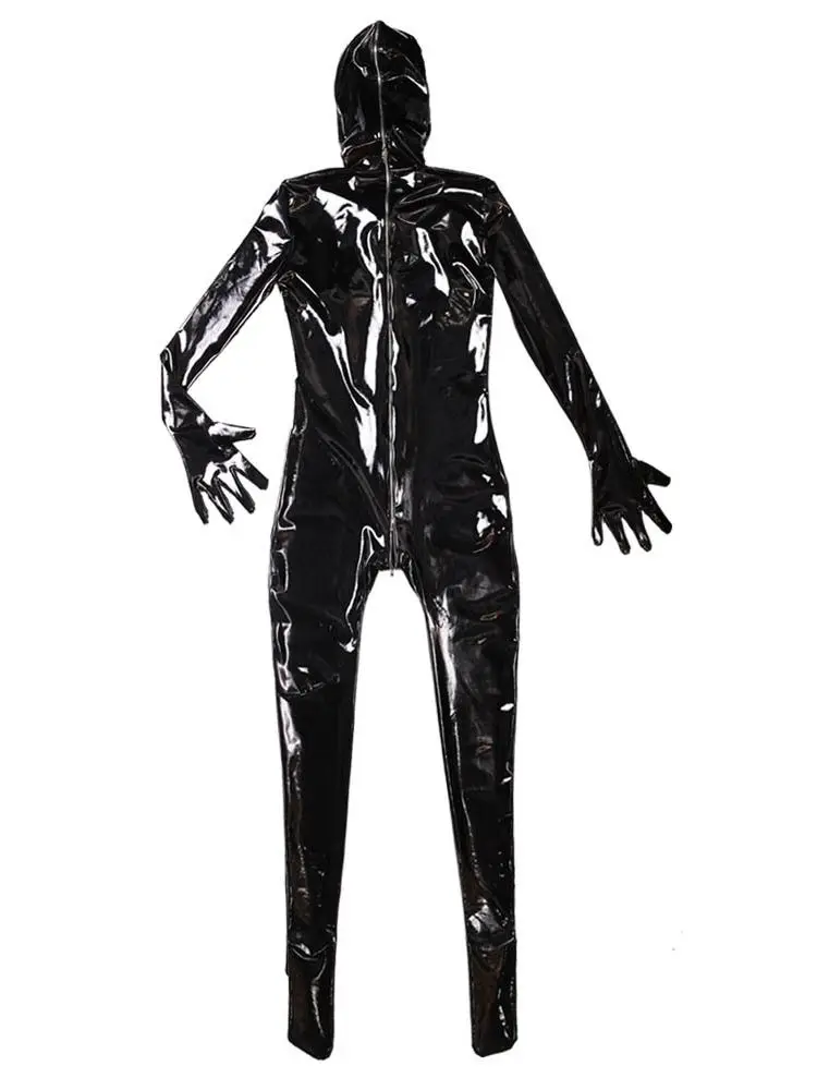 PVC Catsuit PU Leather Zipper Open Crotch Bodysuit Tights Coat Zentai Finger Bodystocking Leotard