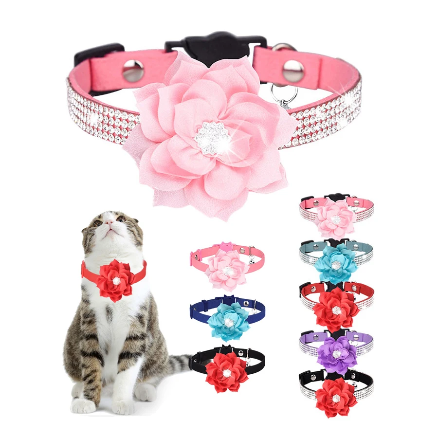 Pet Cat Collar Bell Rhinestone Safety Velvet Suede Large Flower Goats Collier Chain Release Soft Luxury Charm For Small Kitten
