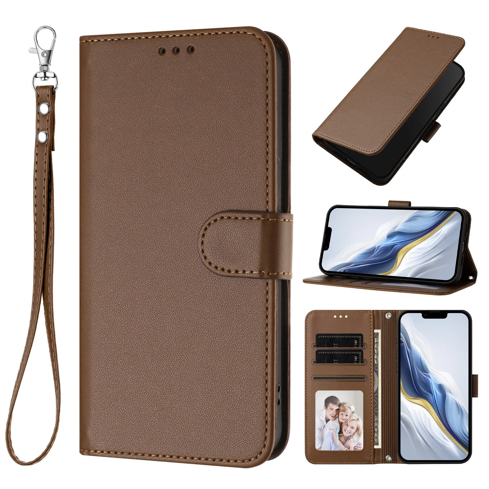 Elegant Lanyard Leather Flip Wallet Case with Wristlet and Card Slots