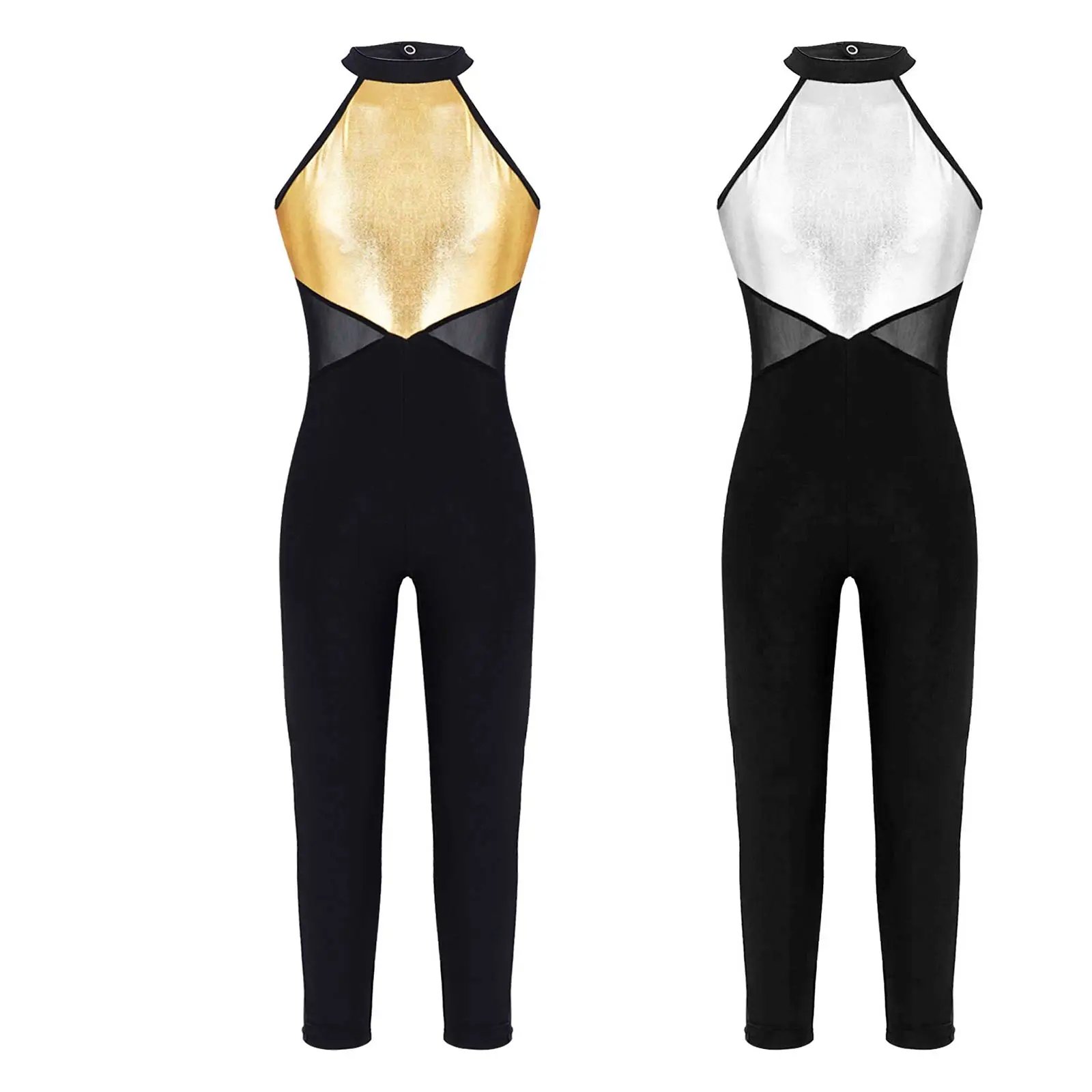 

Kids Girls Gymnastic Dance Leotards Unitard Jumpsuits Girl Metallic Halter Sleeveless Gymnastic Dance One Piece Bodysuit Costume