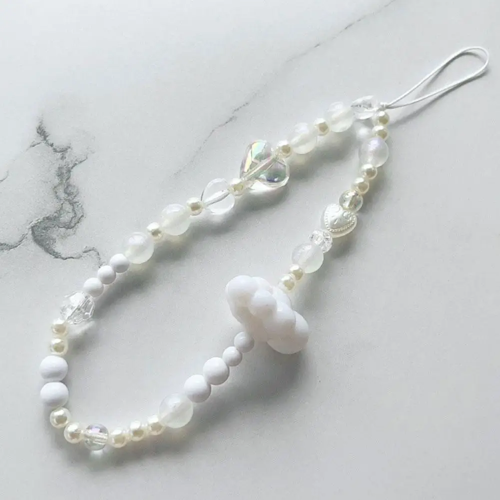 Cordão de nuvem branca transparente para mulheres e meninas, cordão de flores pendurado, decoração para telefone, acessórios de arco, jóias, r8w8